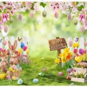 Easter Garden Photo Fabric Backdrop - Spring Party Banner 120" X 96" New